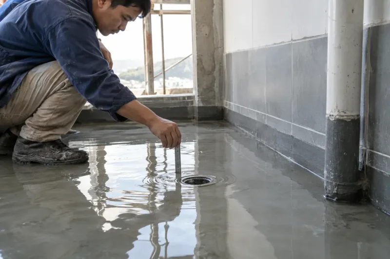 Kỹ thuật viên thử nước khu vực chống thấm trước hoàn thiện