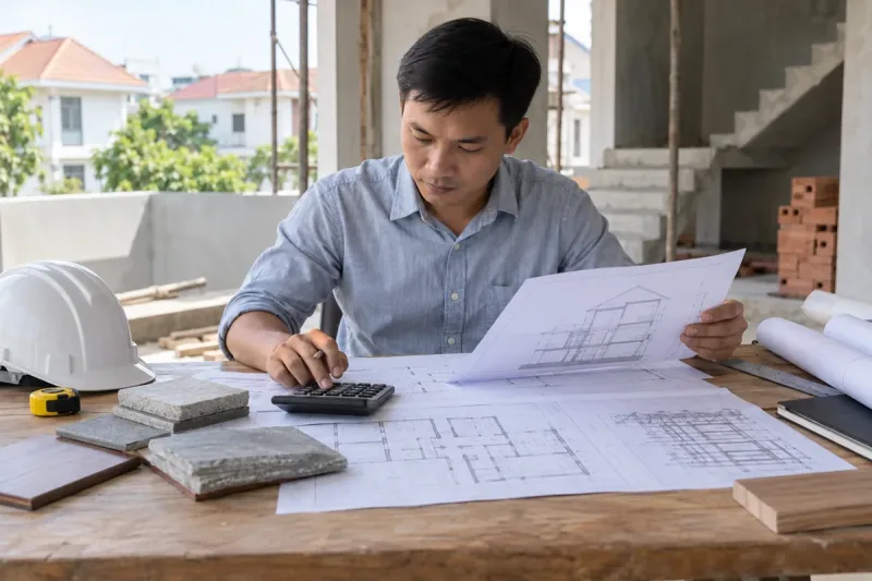 Dự toán viên đối chiếu khối lượng với bản vẽ