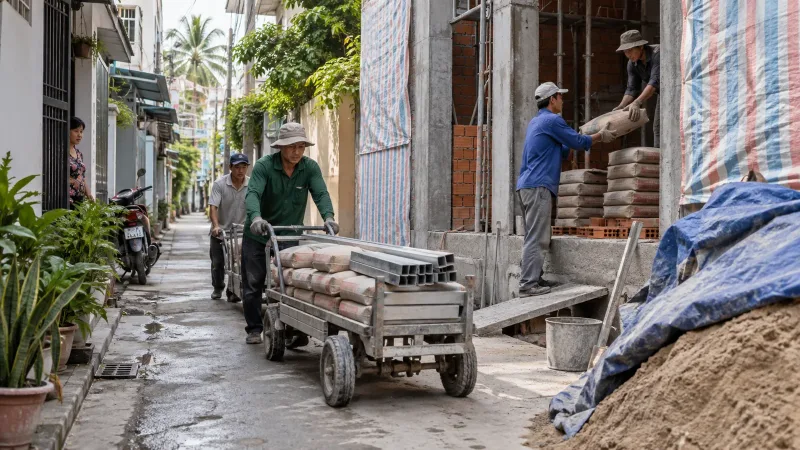 Xây nhà trong hẻm nhỏ Biên Hòa: Logistics và lưu ý lân cận