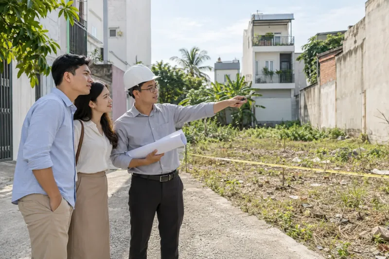 Gia đình cùng kiến trúc sư khảo sát lô đất trước khi xây