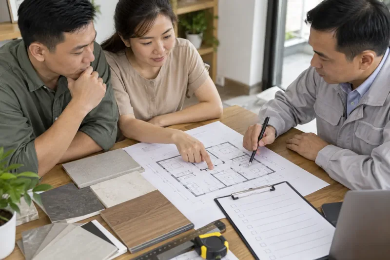 Chủ nhà và người phụ trách thi công trao đổi bản vẽ cùng mẫu vật liệu