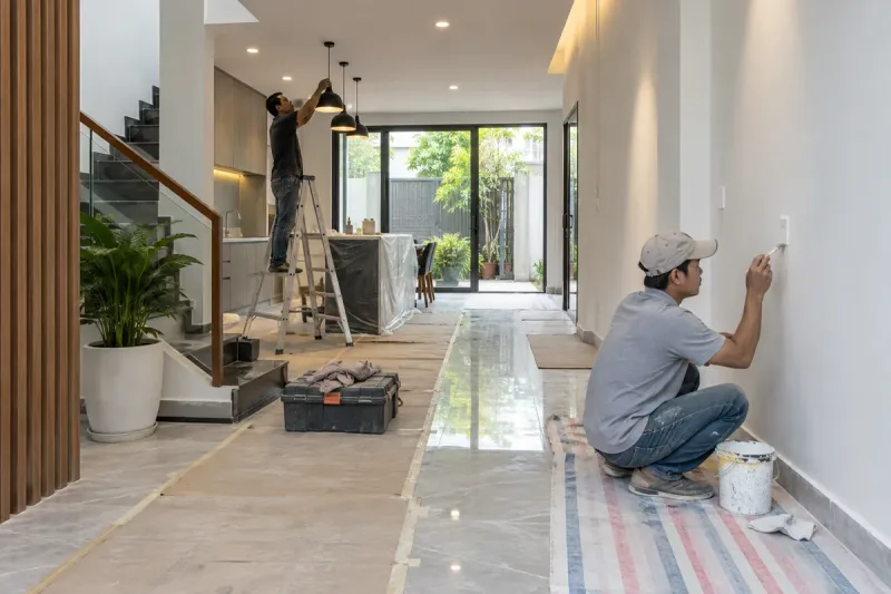 Công nhân bảo vệ thành phẩm trong giai đoạn hoàn thiện
