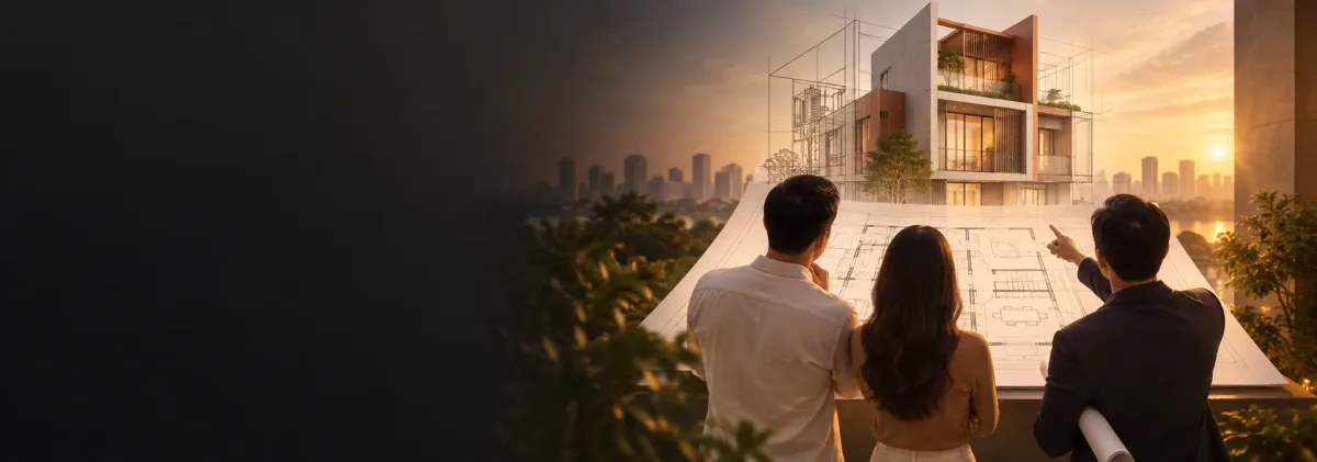 Khách hàng và kiến trúc sư trao đổi phương án nhà ở