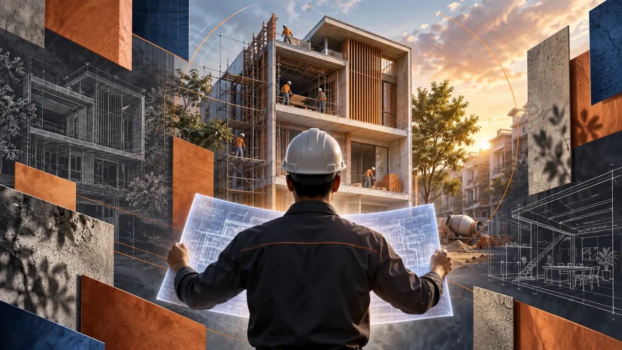 Kỹ sư đối chiếu bản vẽ với công trình
