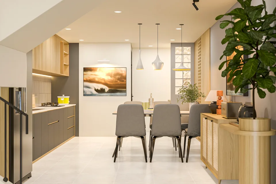 Phối cảnh bếp và bàn ăn liền mạch
